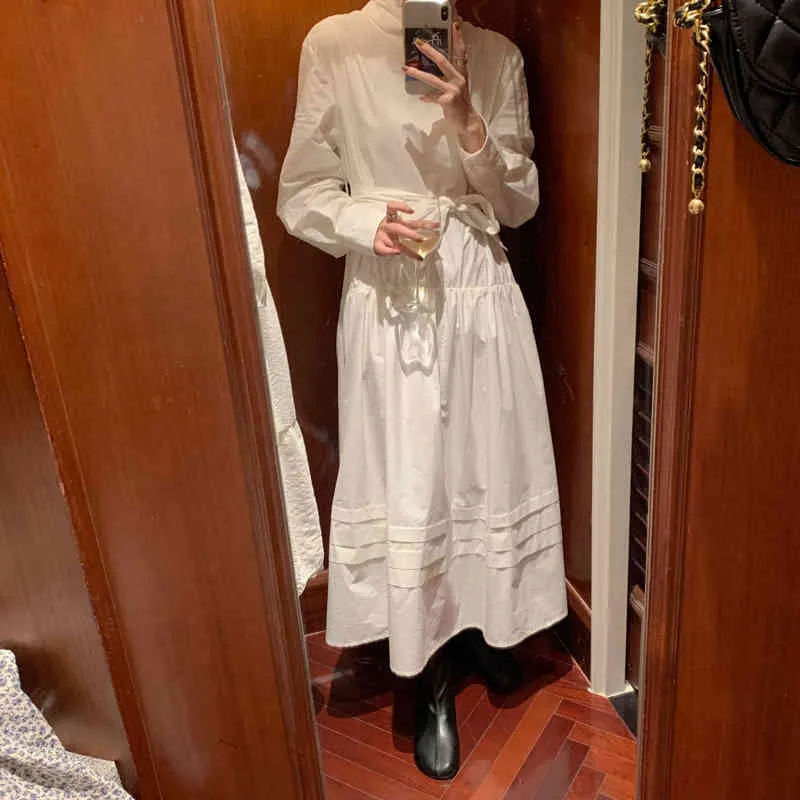 Biała Kobieta Chic Kobiety Retro Solid Fashion Clothe Delikatne Eleganckie Loose Brief All Match Lady Długa sukienka 210525
