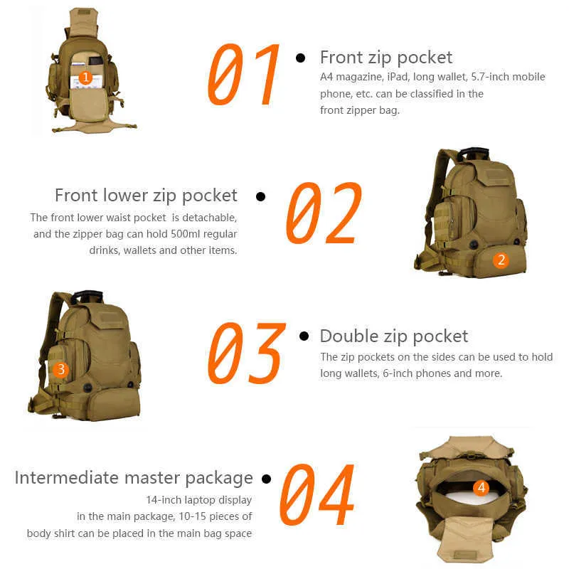 40L Tactical Rugzak 2 in 1 Military Taille Pouch Army Rucksack Backpack Molle Outdoor Sport Bag Mannen Camping Wandelen Klimbakkers Tas Q0721