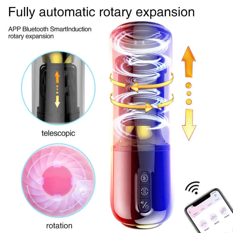 Automatyczna Męska Masturbator Puchar Rotacji Teleskopowe aplikacja Bluetooth Control Pochwa Kieszonka cipka wibracja wibrująca seks ustny