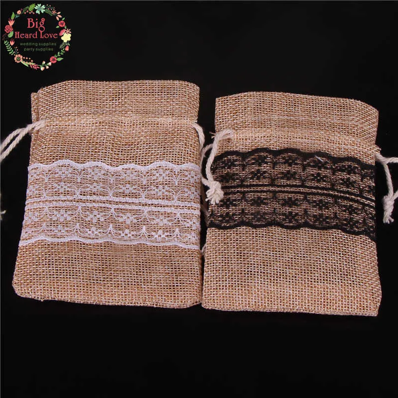 8.5x11cm Lace Natural Jute Burlap Drawstring Bag Jewelry Gift Candy Bag Home Decoration Wedding Party Decoration Supply 210724