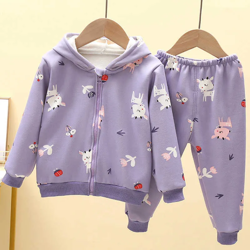 Höst pojkar kläder sätter toddler tjejer sammet hooded jacka kappor byxor baby outfits tracksuit för barn tecknad kläder set 211224