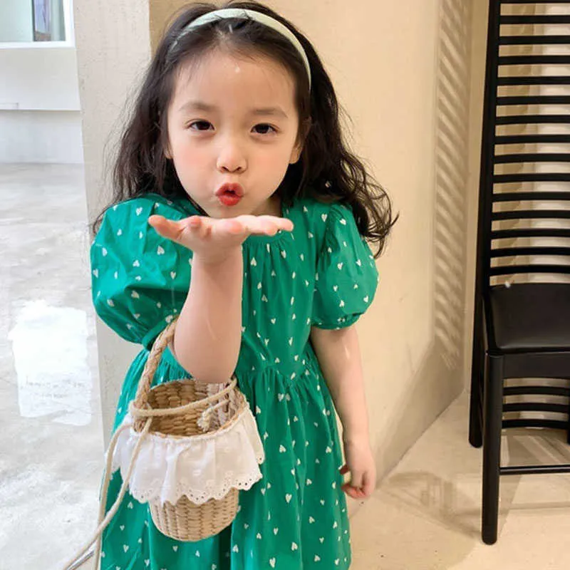 Summer Girls Dress Fresh Style Love Printed Puff Sleeve Princess Baby Kids Clothes Children'S Clothing 210625
