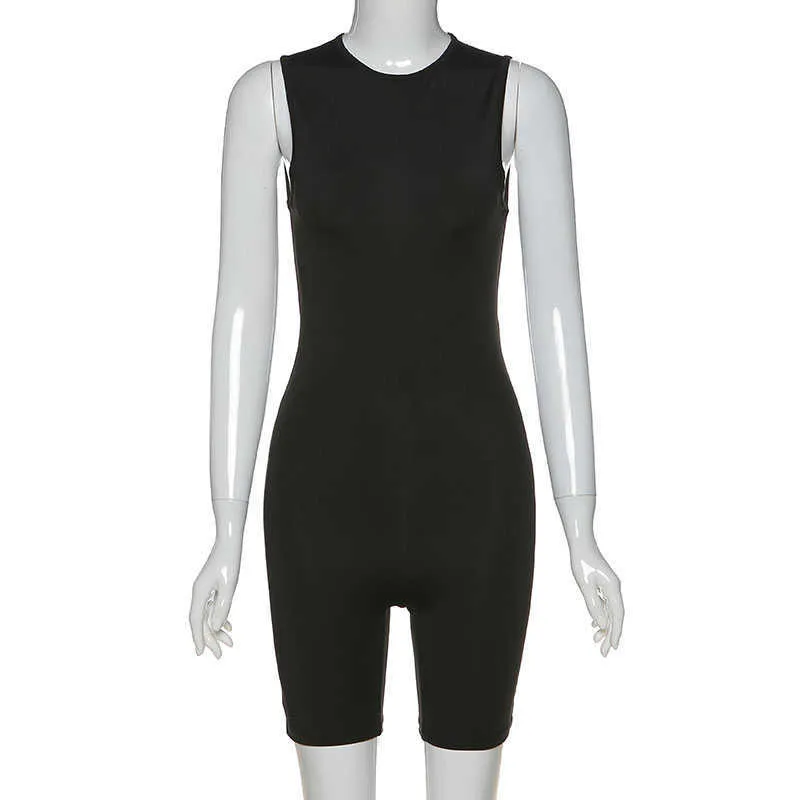 Letnie Rękawki Fitness Pajacyki O Neck Zipper Back Casual Skinny Krótki kombinezon sportowa Biały Playsuit 210604