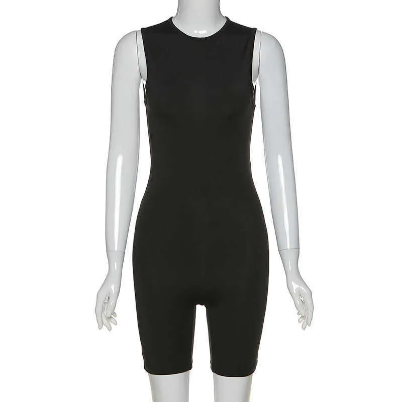 Summer SleeSeLes Fitness Rompers O Neck Zipper Tillbaka Casual Skinny Short Jumpsuit Sportkläder Vit Playsuit 210604