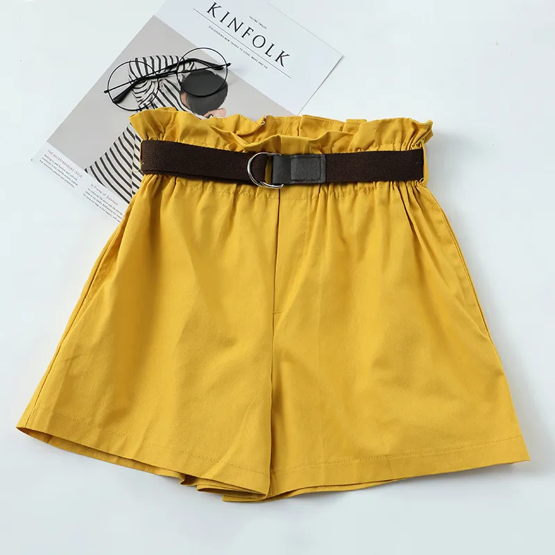 Koreaanse eenvoudige effen zomershort met riem losse hoge taille slanke losse groene shorts dames zwarte paperbag shorts 210302