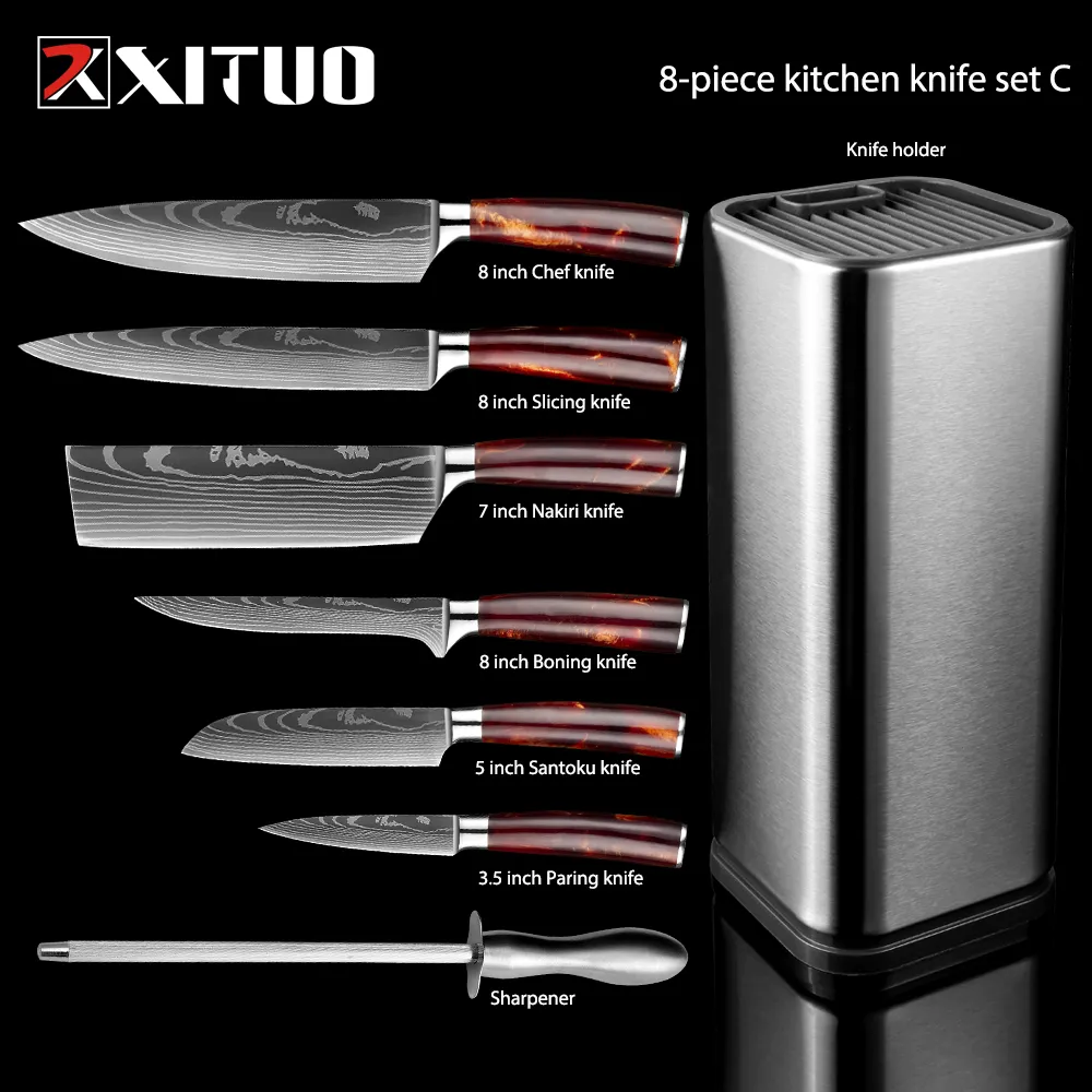 XITUO ensemble de couteaux de cuisine 6-8 pièces ensemble manche en résine rouge Laser motif EAMASCUS Chef LNIFE couperet à pain couteaux à trancher Gift280o