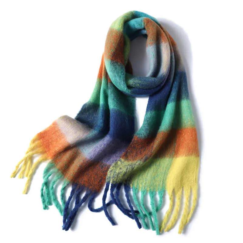 2020 nuevas mujeres bufanda a cuadros invierno pashmina chales cachemira envolturas gruesas dama borla bufandas cálidas arco iris peludo bufanda Q0828