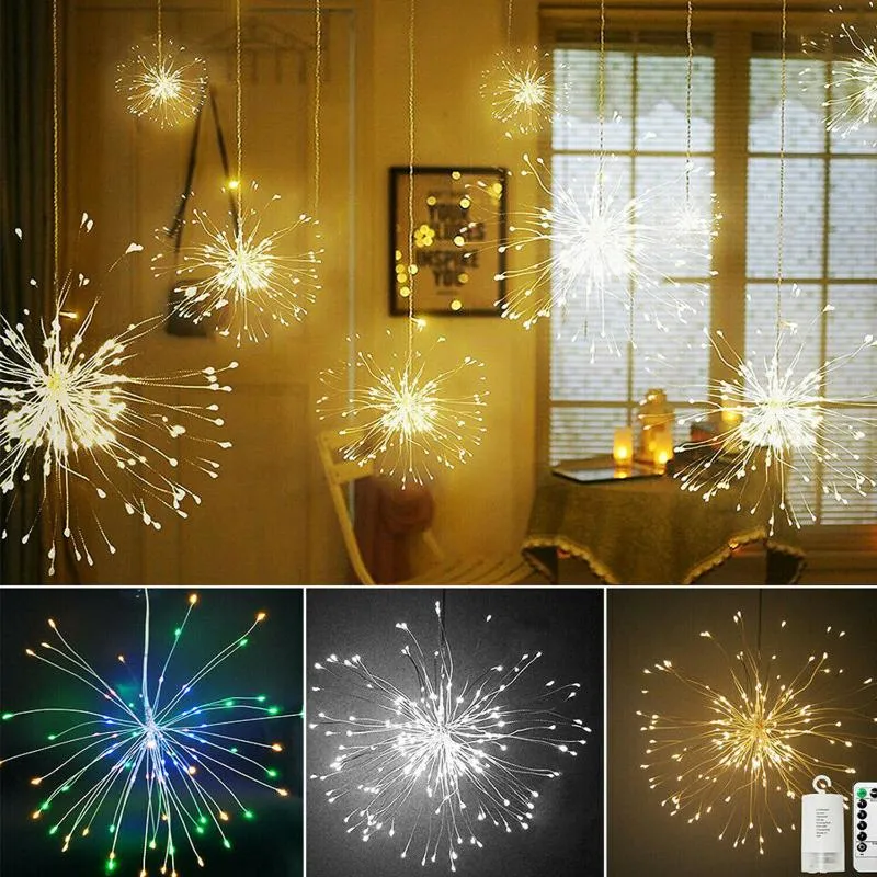 Pendurado led firework fada string luz remoto 8 modos gypsophila luzes do feriado ao ar livre casa guirlanda natal festa de casamento decor219g