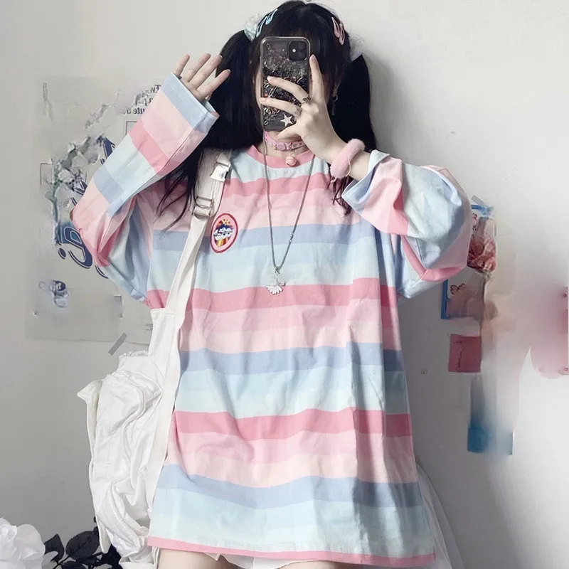 harajuku Long Sleeve T Shirt girl Christmas Topspring autumn embroidery stripe Tops Tee full T-shirt Casual Female 220312