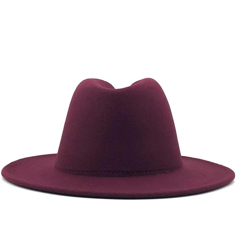 Clássico feminino masculino exterior vinho vermelho interior preto lã feltro jazz dois tons chapéu fedora estilo britânico vintage aba larga panamá cap246q