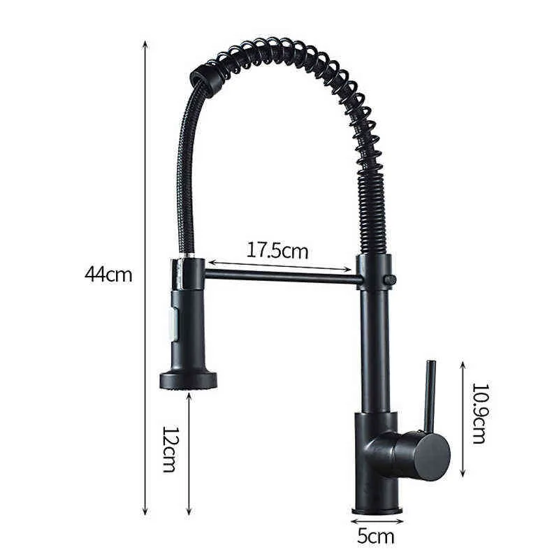 Brass Black Kitchen Faucet Pull Out 360 Degree Swivel Spring Single Handle Hole Cold Mixer Water Tap With 2 Water Intel Pipe 211108