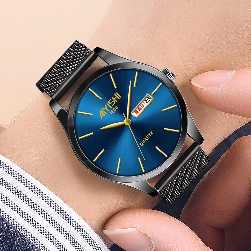 Horloges Cool Mat Zwart Blauw Stalen Horloge Mannen Auto Datum Week Functioneel Zakelijk Horloge Voor Man 2021 Horloges Top253E
