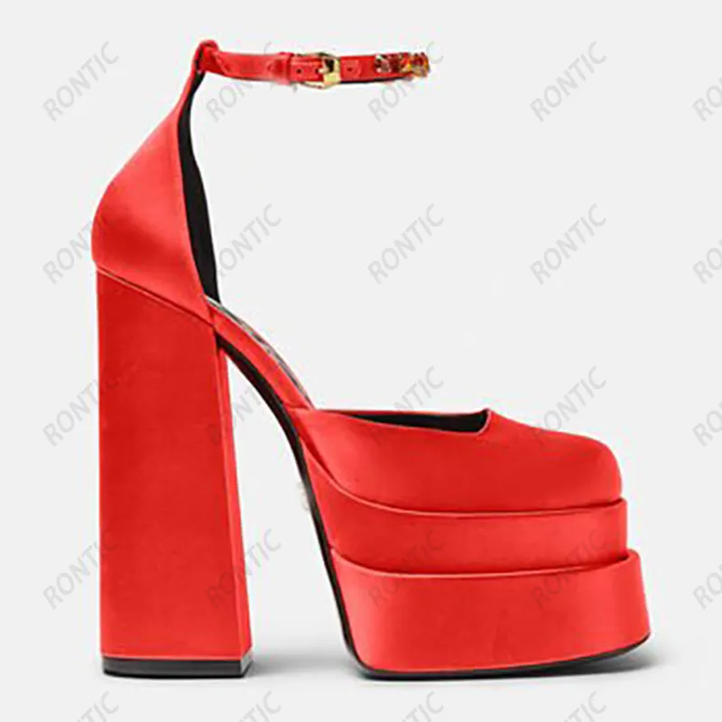 RONTIC handgemaakte vrouwen platform pompen enkelband satijnen dikke hakken vierkante teen prachtige rode paarse partij schoenen vrouwen maat 34-43
