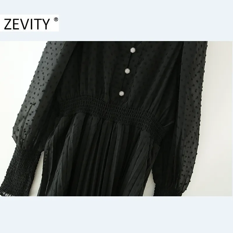 Zevity Women Fashion V Dots Szygowanie Czarna szyfonowa sukienka Femme Długie rękawowe Chico szykowne sukienki DS4487 210303