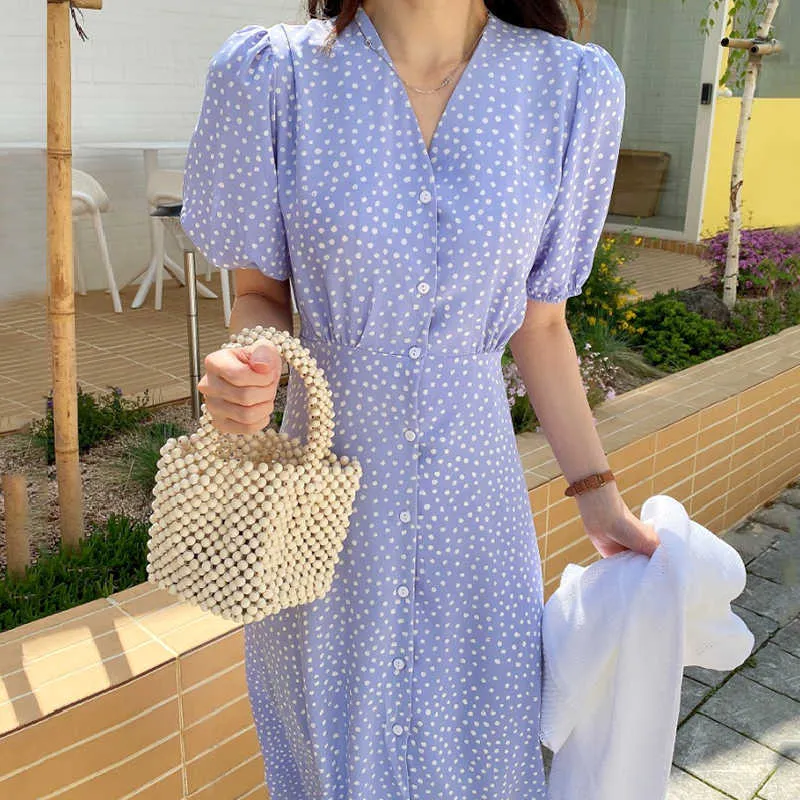 Korejpaa Women Dress Summer Korean Gentle Elegant V-Neck Full-Screen Polka-Dot Single-Breasted Lace-Up Puff Sleeve Vestidos 210526