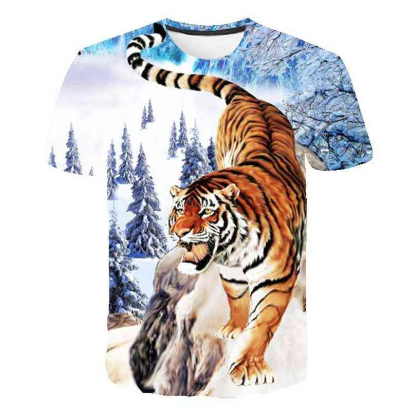 T-shirt zomer 2021 Short-mouwen eng realistische dierlijke tijger print T-shirt mode persoonlijkheid groot formaat heren ronde hals top Y220214