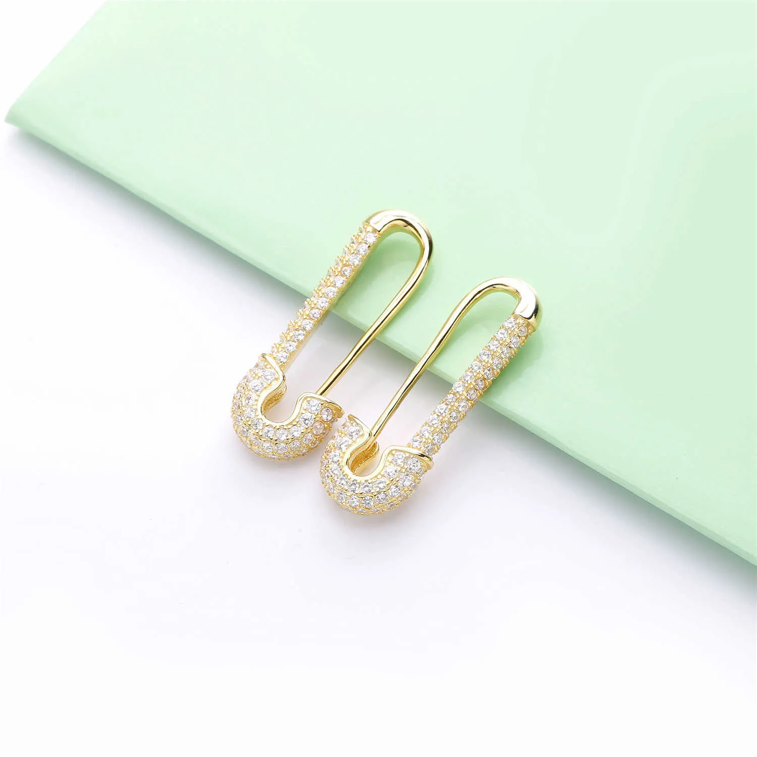 Moonmory France 100% 925 Sterling Silver Safety Pin Earring Three Color Style One Side Zircon Höger vänster 210616