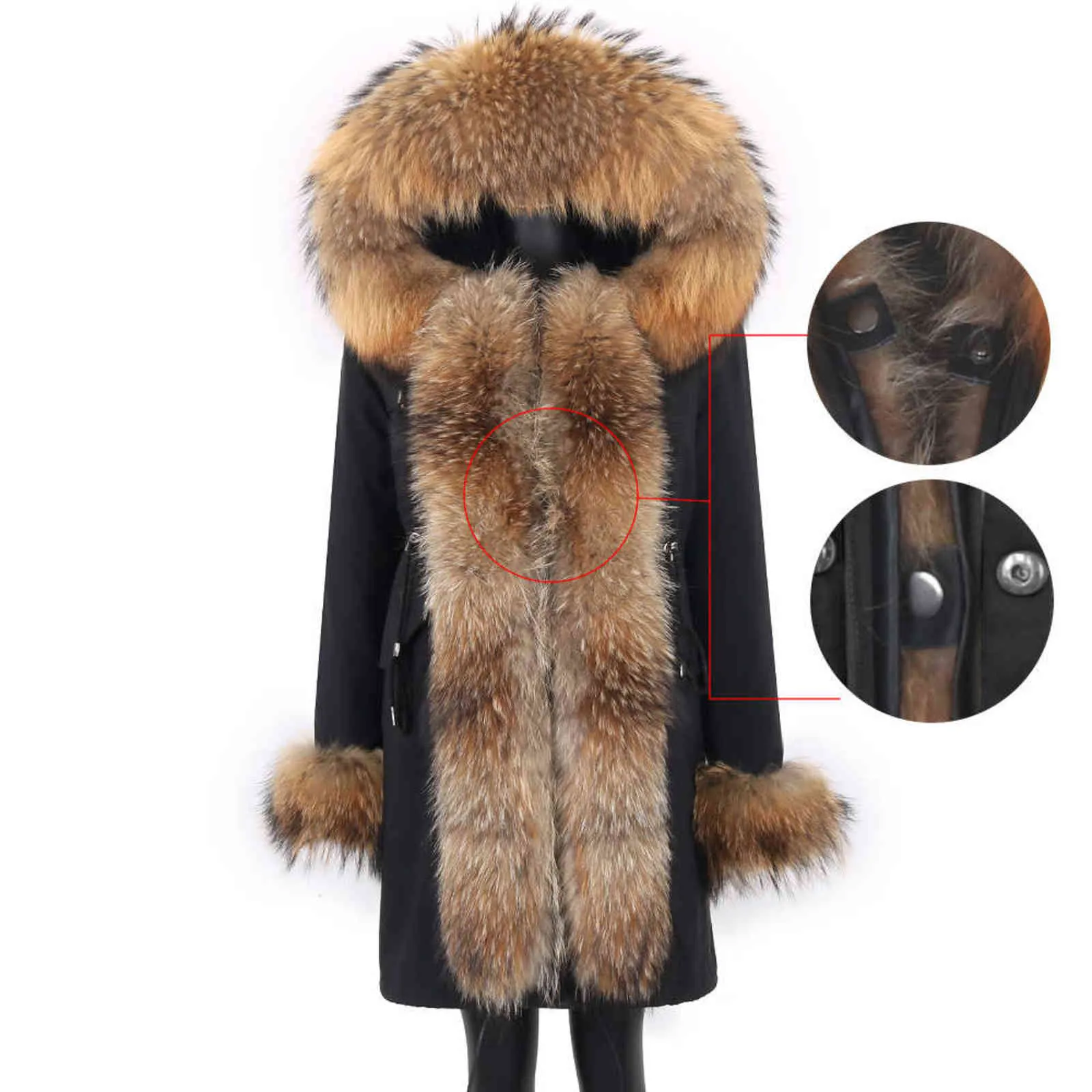 Manteaux d'hiver pour femmes et vestes longues imperméables Parka capuche amovible en fourrure de raton laveur et doublure en vraie fourrure mode chaude 211110