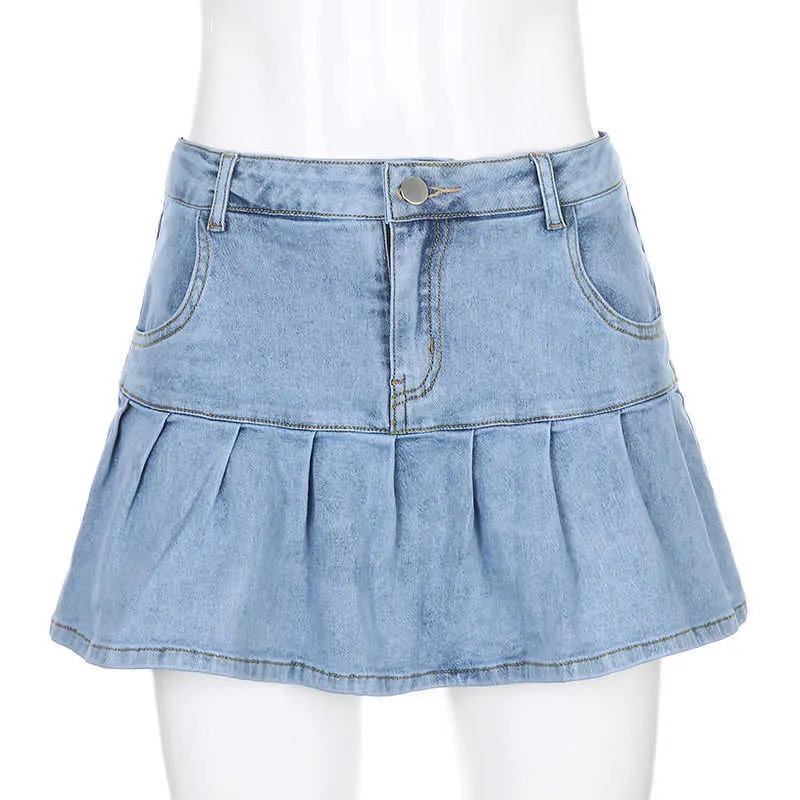 meisje gegolfd geplooid stretch denim rok vrouw mode zomer vintage sexy hoge taille slanke korte mini rokken 210629