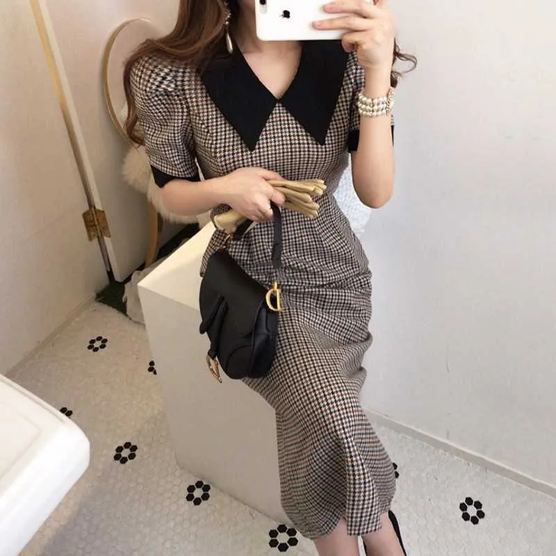 Korejpaa Kvinnor Klänning Korea Chic Elegant Lapel-Färgad Tusen Bird Grid High-Waisted Mid-Length Slit Short Sleeve Vestido 210526