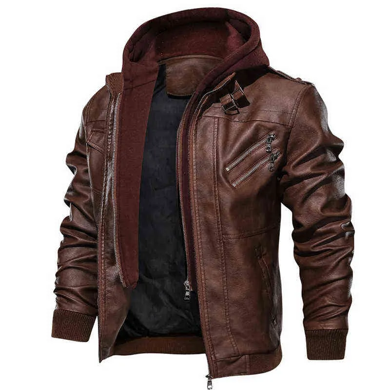 Wintermode Motorrad Leder übergroße Jacke Männer Slim Fit Pu-Leder wasserdichte warme Kapuzen-Lederjacke Mäntel 211111