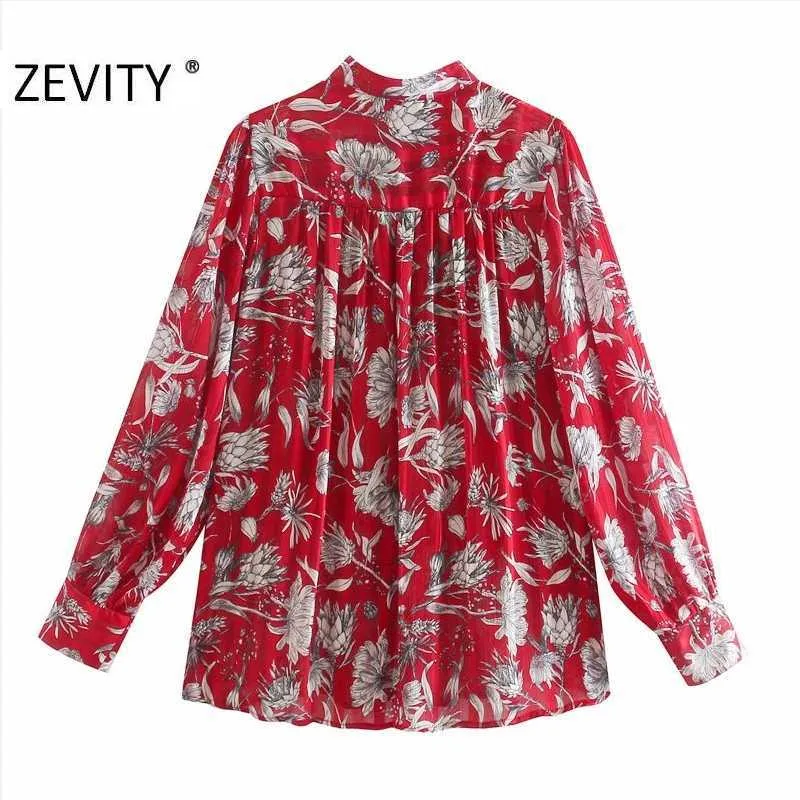 Zevity Womenファッション花柄レッドブラウスオフィスレディー長袖弓縛らカジュアルシャツシックなシックスルーズBlusas TOPS LS7293 210603