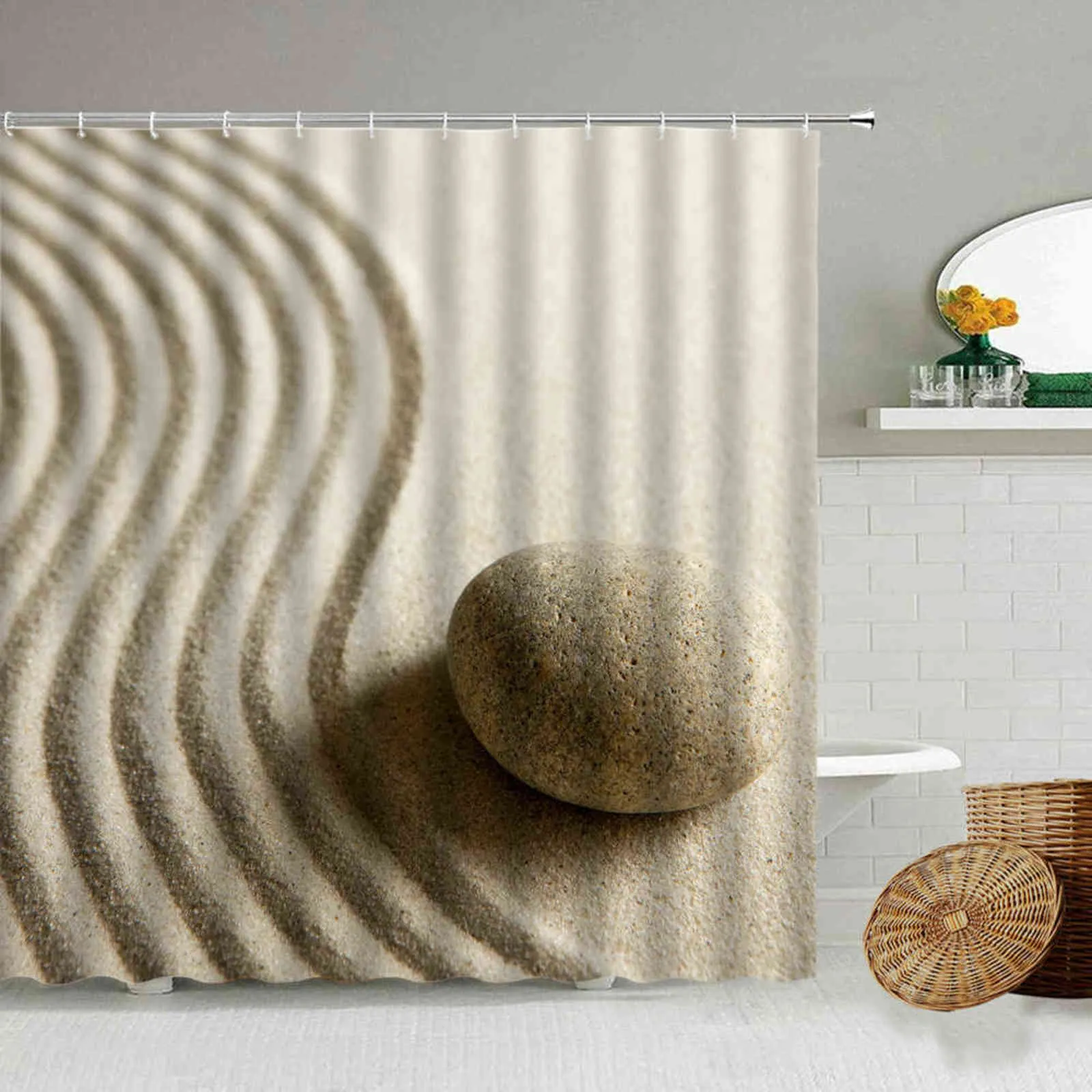 Zen Stone Pebbles Spring Weeds Reflection Water Bathroom Waterproof Shower Curtain With Hook Set Hanging Screen Cloth Washable 211116