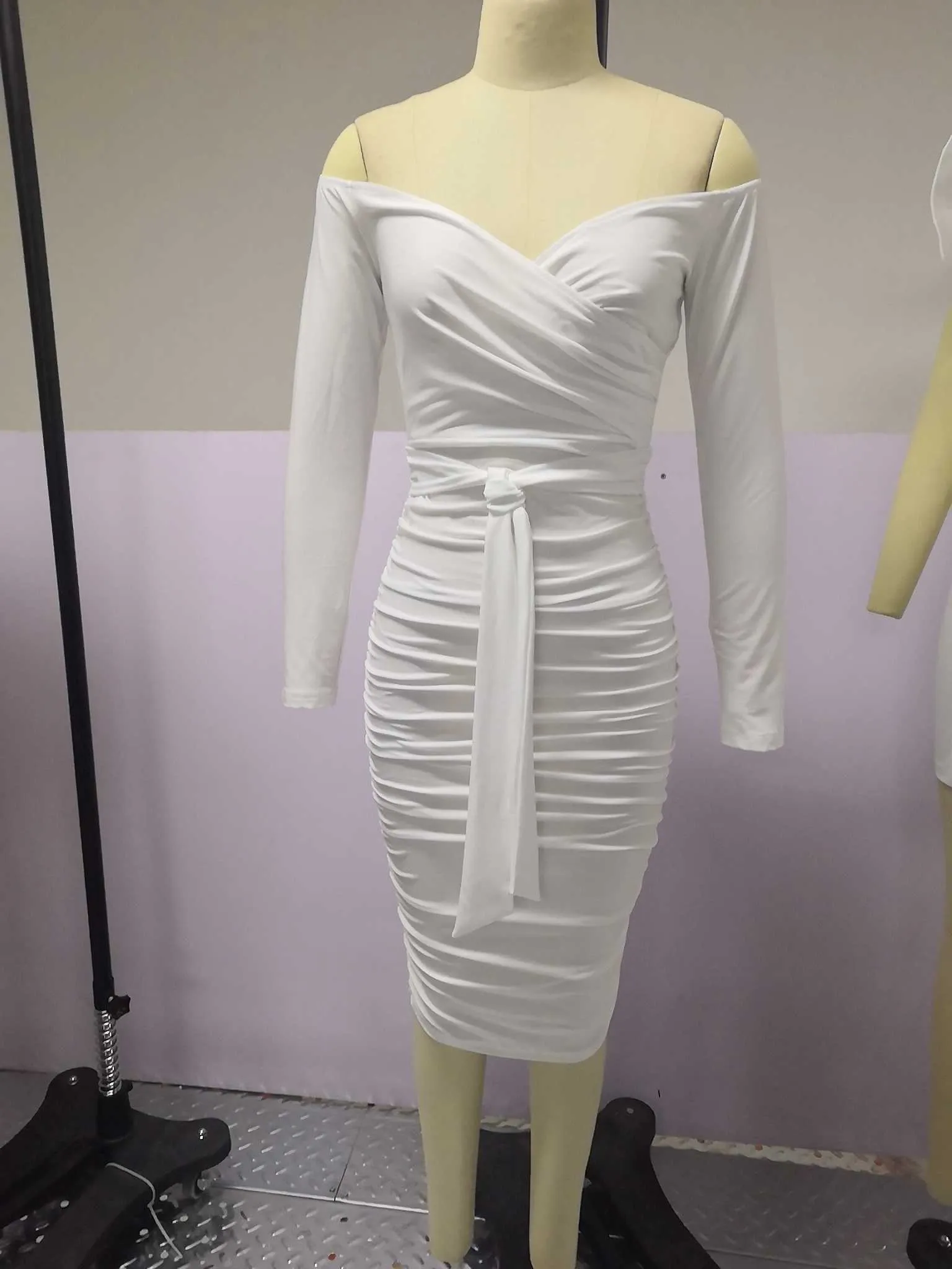 Polkadot Print Ruffles Scarf Off Shoulder Ruched Belted Bodycon Dress 2021 Women Elegant Dress Y1006