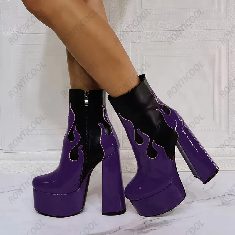 Rontic Women Winter Ankle Botas Patente Chunky Heels Rodada Toe Fabuloso Fabuloso Fuchsia Vermelho Party Dress Shoes mais US tamanho 5-15