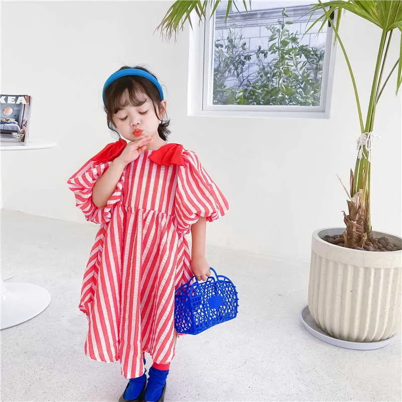 Корейский стиль летние дети девочек платья красные полосатые короткие слойные рукава лук принцесса детская одежда E9028 210610