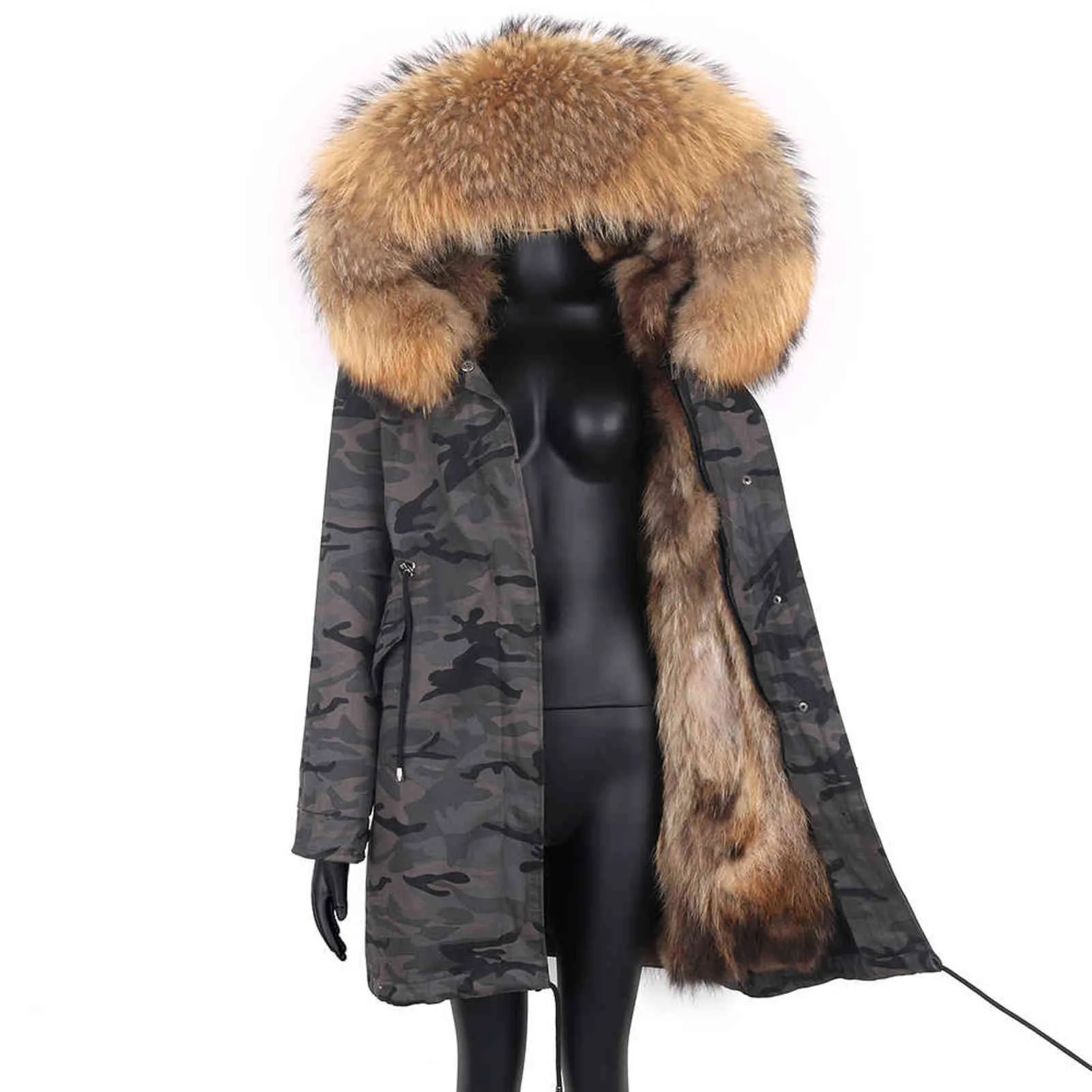 Manteau d'hiver long étanche Parkas véritable fourrure Femme Veste Grand collier Fluffy Liner Tissu Mode 211110