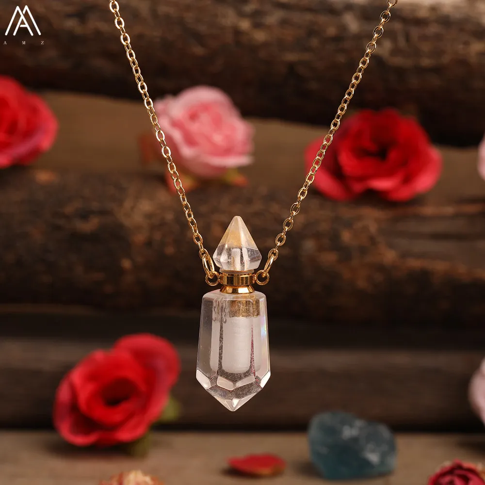 Natural Gems Stone Faceted Prism Perfume Bottle Pendants NecklaceCut Hexagon Points Crystal Essential Oil Diffuser Vial Charms3366198