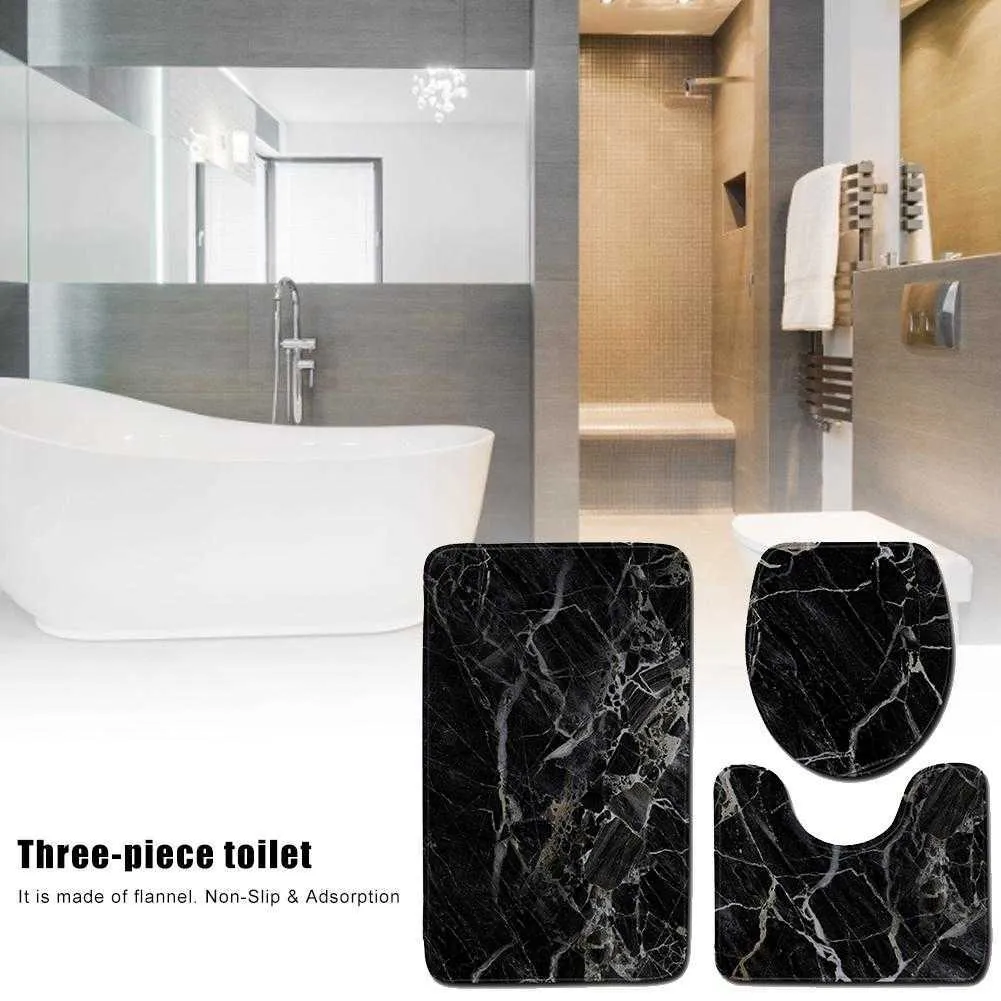 Ensemble de 3 pièces de toilette ensembles de tapis de salle de bain en marbre noir tapis contour flanelle socle de bain antidérapant siège de toilette couvercle couvercle ensembles de tapis de bain 210724