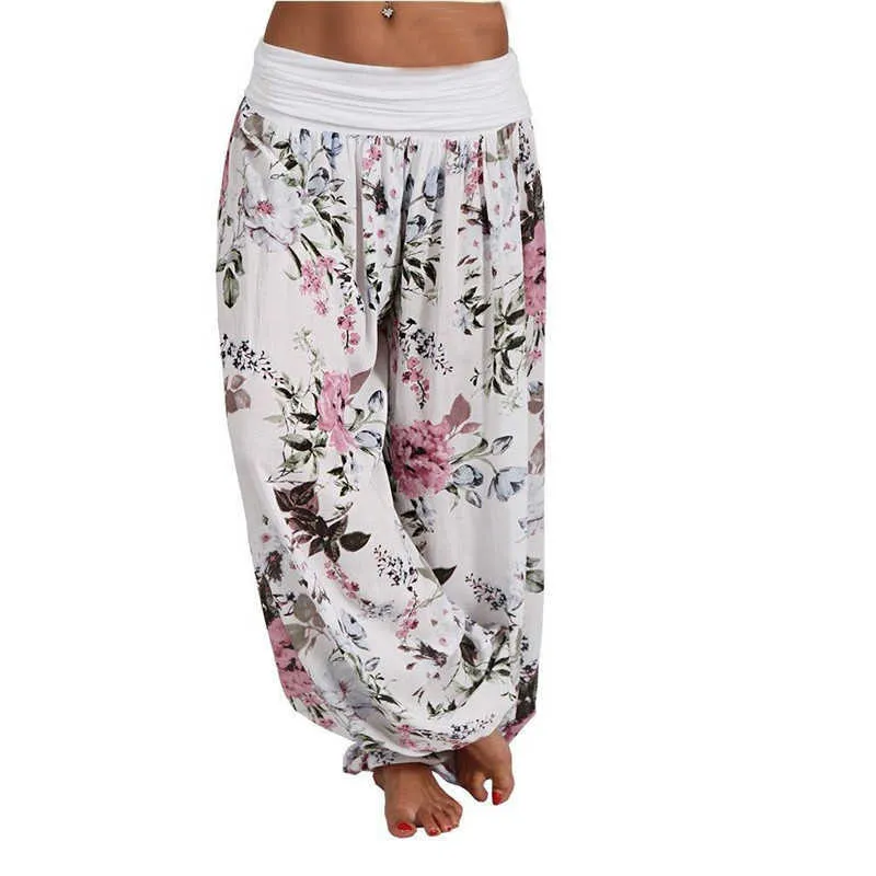Kadın Bohemian Çiçek Baskı Uzun Pantolon Orta Bel Vintage Harem Elastik Boho Plaj Pantolon Artı Boyutu 5XL 210925