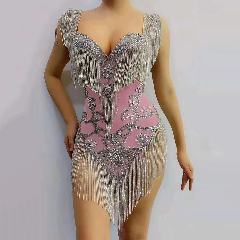 Mode d'été Luxe Diamant Gland Design Sexy Col En V Sans Manches Celebrity Party Club Mini Robe Robes 210525