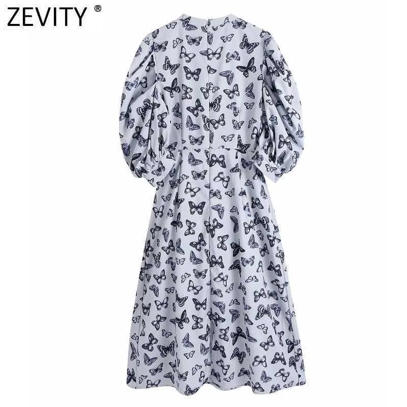 Zevity Femmes Vintage Casual A Line Midi Dress Office Lady Chic Plat Plat Sleeve Party Vestidos DS8224 210603