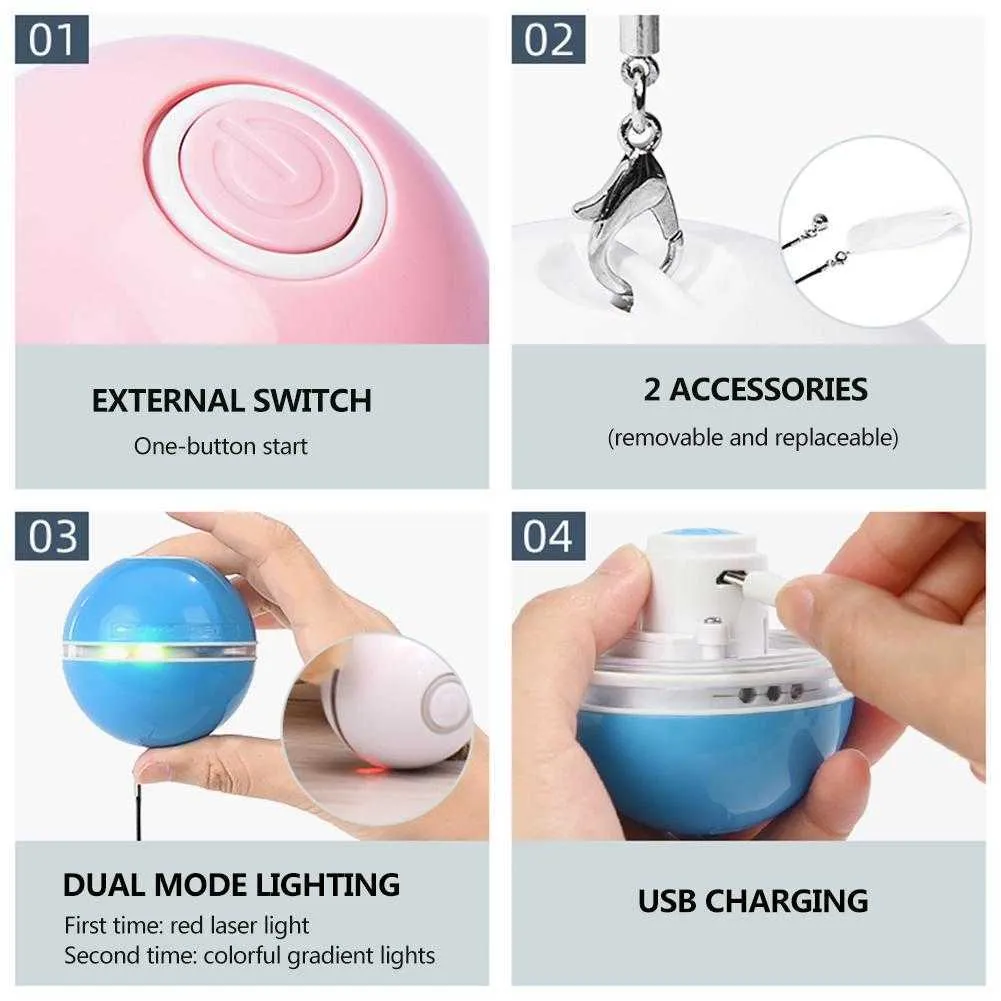 Jouet de chat interactif automatique coloré LED boule auto-rotative avec cloche de cataire et jouets de plumes USB jouet de chaton de chat rechargeable 210929