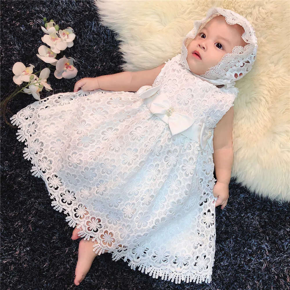 Bebek Bebek Kız Dantel Vaftiz Beyaz Elbise Toddler Vaftiz Cape Pape Parti Kostüm Seti ile A-Line Out 210529