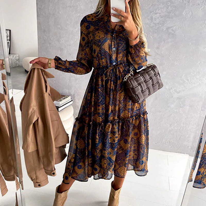 Frauen Casual Print Langarm Kleid Herbst Mode Unregelmäßige Dünnes Kleid Büro Dame Elegante Taste Rüschen Elastische Taille Kleider Y1006