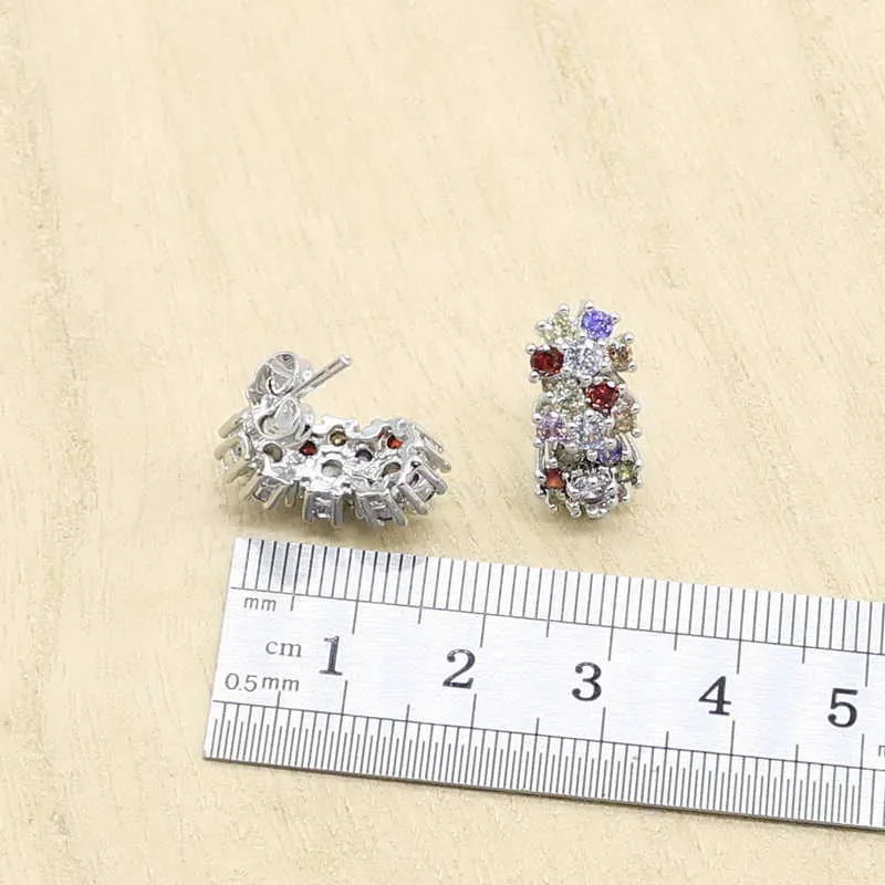 MULTICOLOR CZ Серебряные цветные ювелирные наборы для женщин Подвески Ожерелье Подвески Браслеты Серьги Rings Бесплатная подарочная коробка H1022