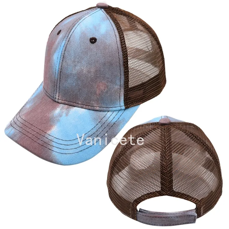 Articles de fête Tie-dye Ponytail Chapeaux 6 couleurs Mesh Hollow Messy Bun Casquette de baseball Trucker Hat Fast Send T2I52478