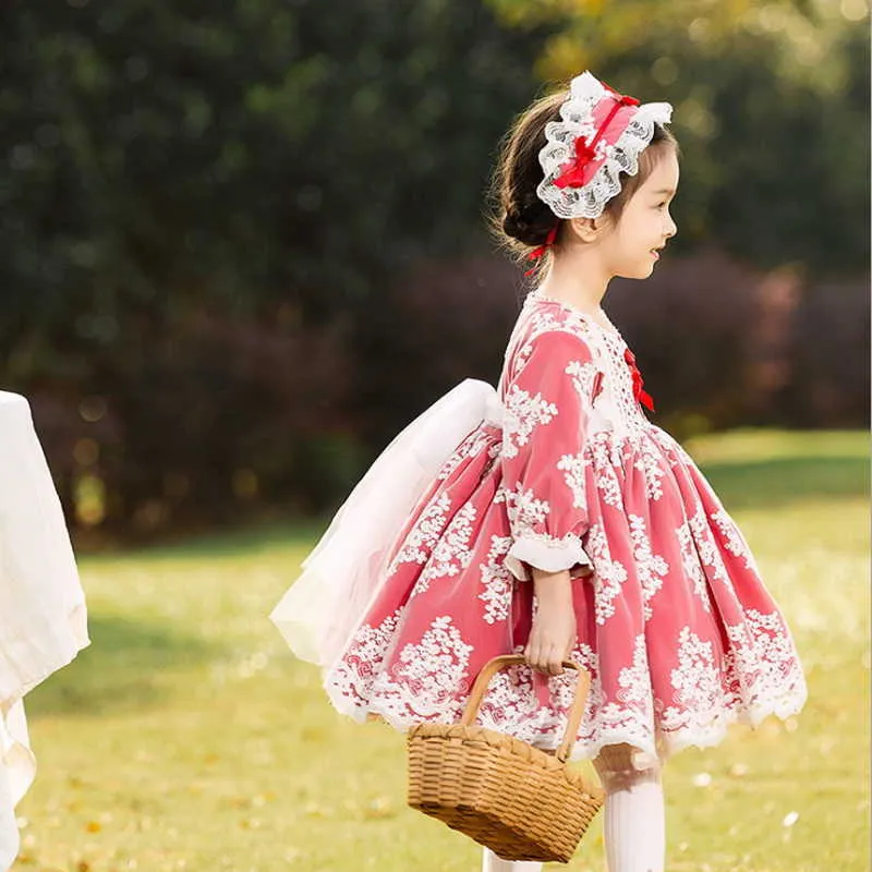 Spring Kids Girl Party Dress Lace Bow Red Patchwork Long Sleeves Princess Dresses Wedding Perform Clothes E8032 210610