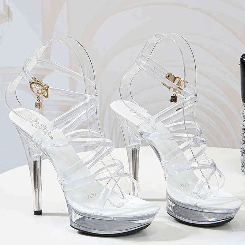 サンダルハイヒール13cmスティレットプラットフォームの結婚式の靴の結婚式熱いセクシーなサンダル透明クリスタルシューズ220309