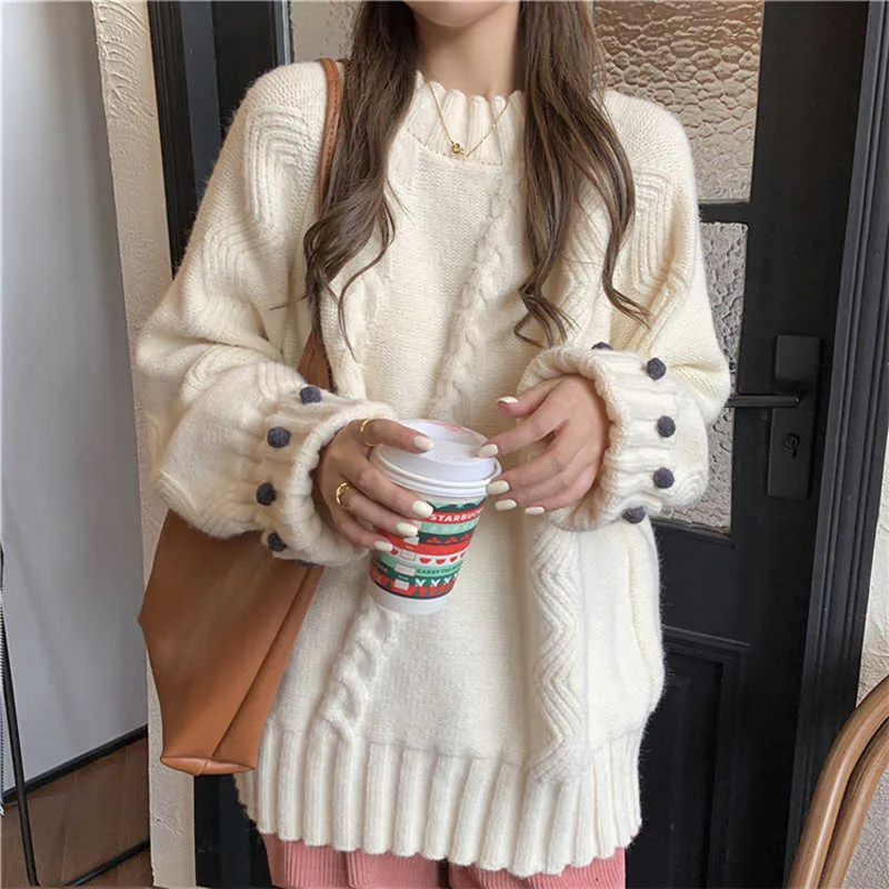 PERHAPS U Purple Beige Sweater O Neck Knitted Pullovers Long Sleeve Winter Autumn Solid Warm Cable Balls M0436 210529