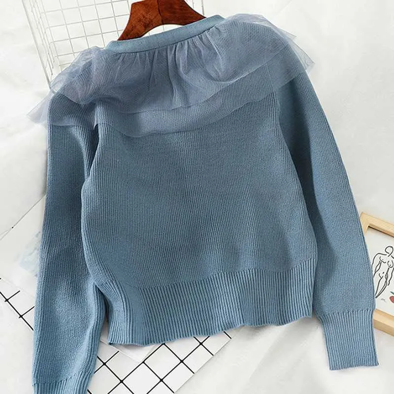 LY VAREY LIN Elegant Tulle Patchwork Single Breasted Knitted Sweater Coat Autumn Casual Female Solid 210526