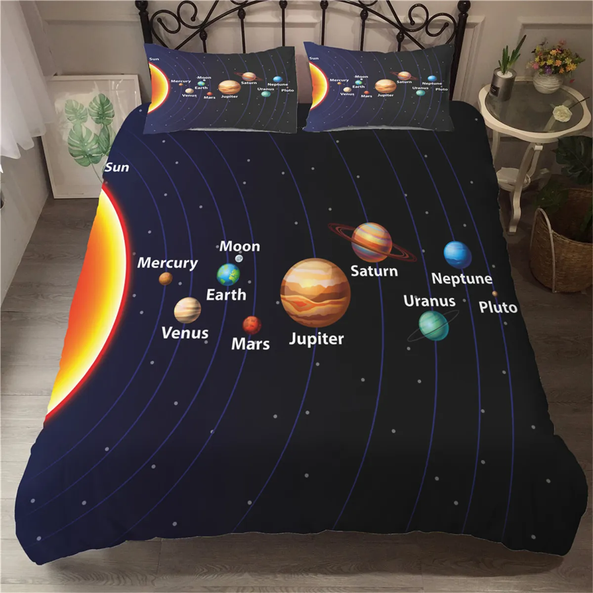 Cartoon Solar System Duvet Cover Set Galaxy Planets Sängkläder Mjuk Mikrofiber Singel Dubbelsäng Satser PillowCase Svart bakgrund 210309