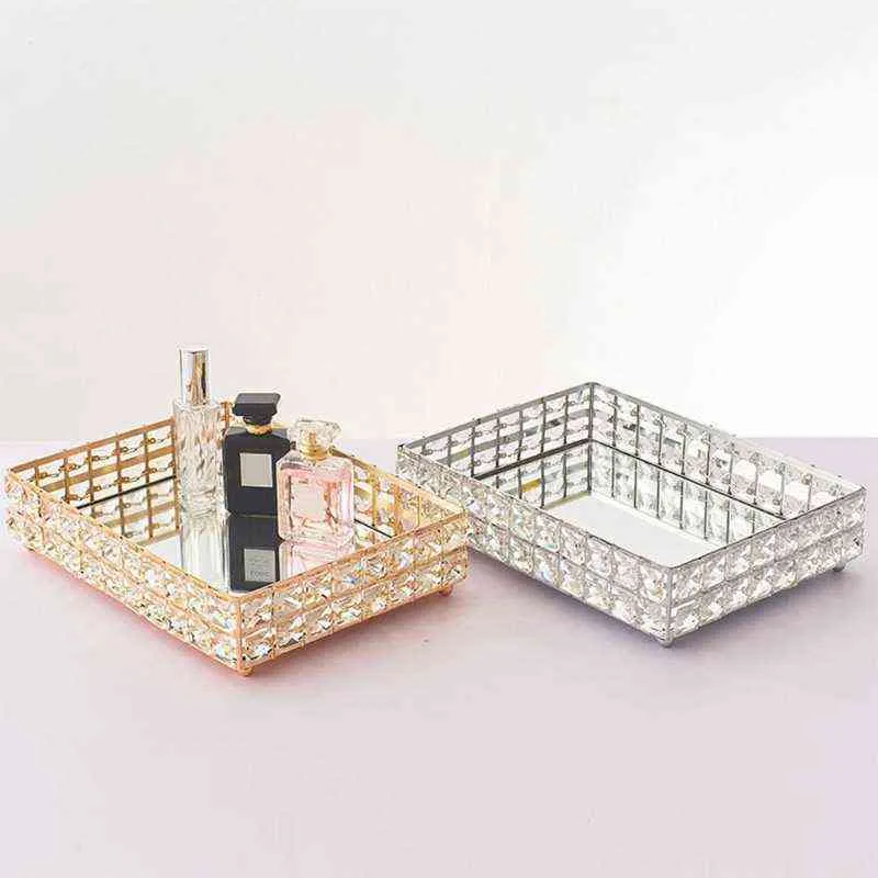 Make up Tray Crystal Cosmetic Organizer for Wedding Home Vanity Decorating Fruit Cake Candle Candy Jewelry 211102
