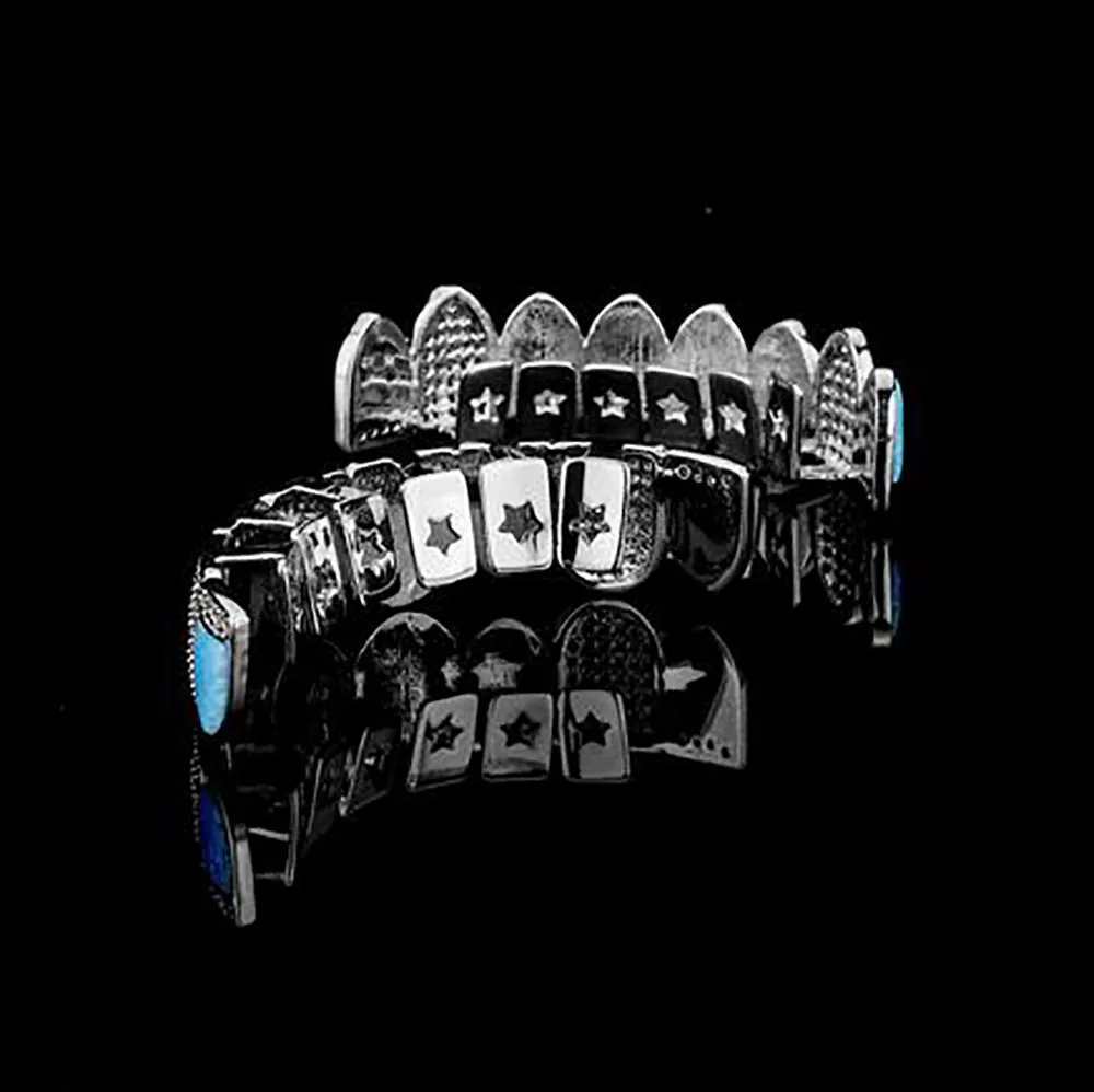 14K CZ Vampire Teeth Grillz Iced Out Micro Pave Kubieke Zirkoon BLAUWE Opaal 8 Tand Hip Hop Grill Top Bottom Mond Grills Set met Sili2071