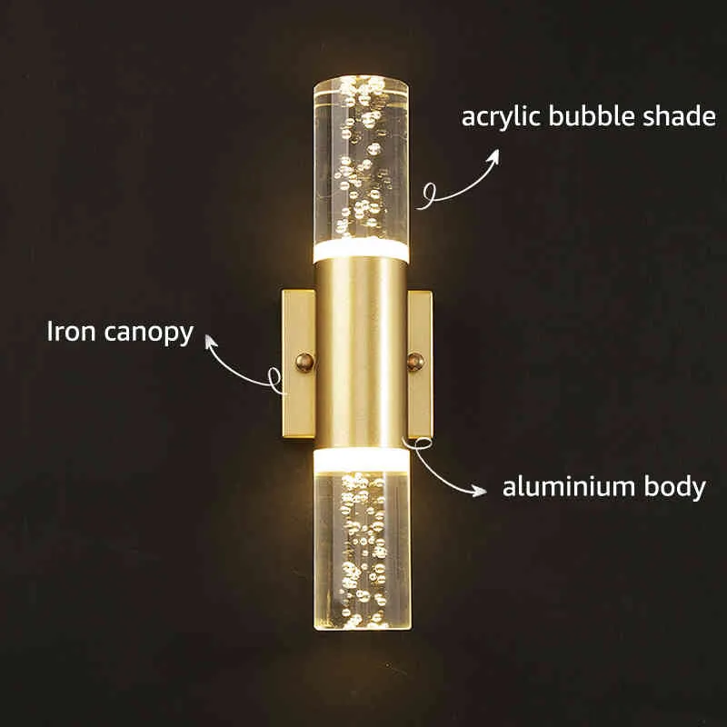 Bolha acrílica moderna 6w conduziu a lâmpada de parede ouro preto ac100240v efeito cristal vaidade arandela luz para o quarto banheiro escada7904688