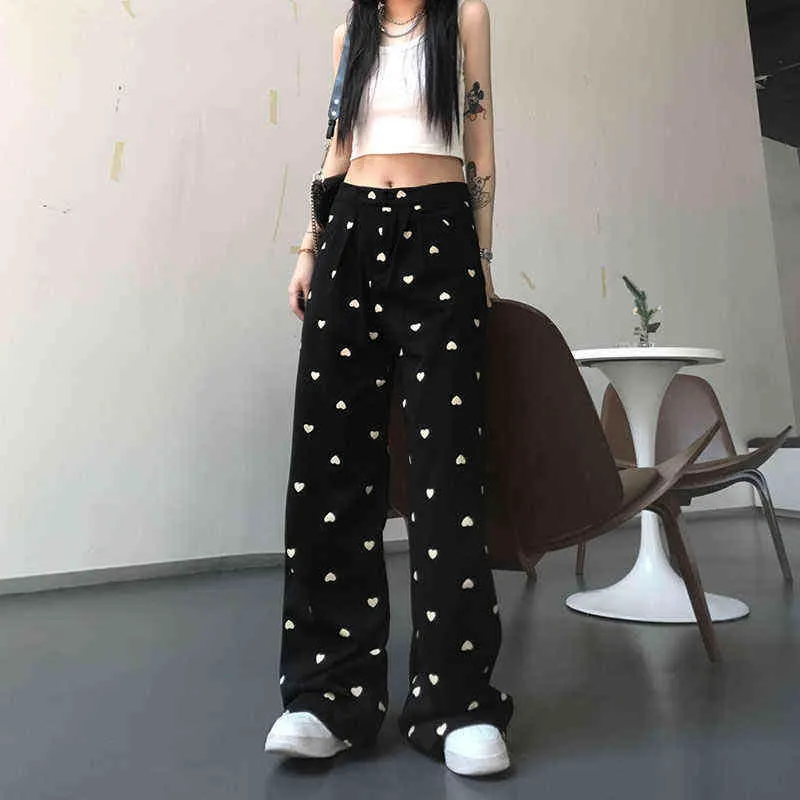 Mingliusili Harajuku Imprimir Pantalón de pierna ancha Pantalones de moda de verano Mujeres de cintura alta Streetwear Casual Pantalones negros sueltos Mujeres 211112